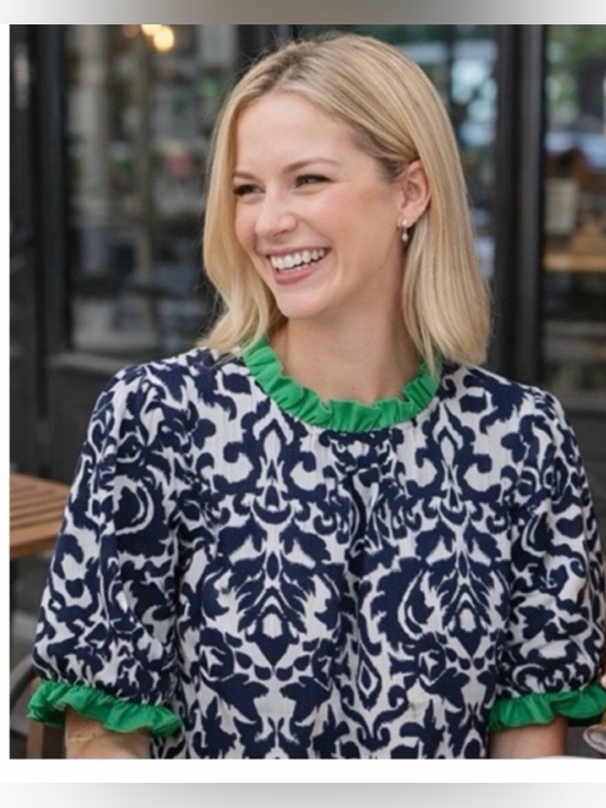 Voy Tops - Voy Coastal Navy White Green Patterned Top with Ruffle Trim Short Sleeves Sz M